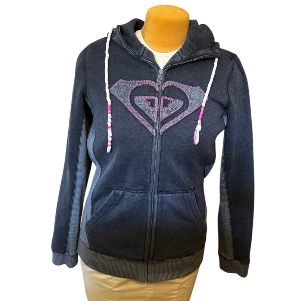 Roxy Women's Charcoal Zip-Up Hoodie with Pink Logo Accents M medium vtg